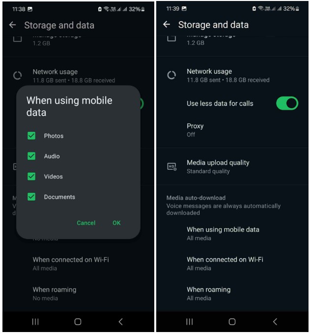 WhatApp Storage and Data permissions